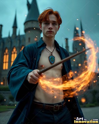 Casting fire with a wand, a bare-chested young man stands by a castle