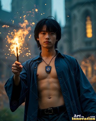 A young man in an open robe holds a wand with sparks