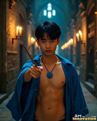 In a clear blue robe, a young man points a wand forward in a dim castle hallway