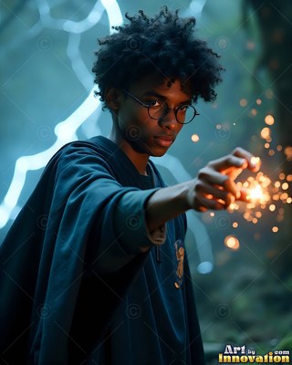 A young man casts magic from his hand with bright sparks against blue lightning