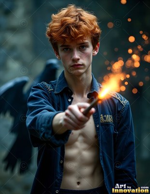 Facing forward in a courtyard, a red-haired young man points a burning wand