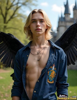 A blond young man with black wings stands outside by a castle in an open shirt