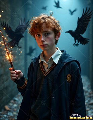 In a dark alley, a young man has in his hands a sparkling wand near flying black ravens