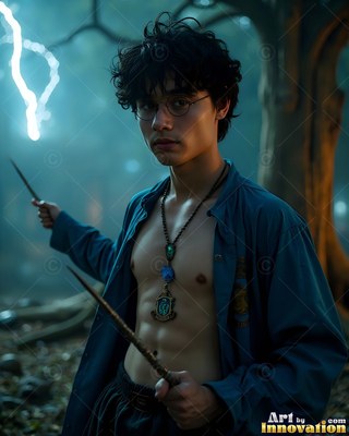 Holding two wooden wands, a young man stands in an open shirt near lightning in the woods