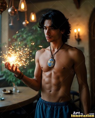 Shirtless man holding bright yellow sparks in his hand indoors
