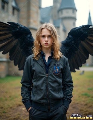 Wearing a dark zip jacket, a young blond man with large black wings stands near a castle courtyard