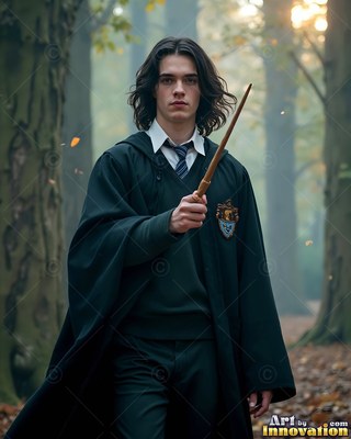 A young man points a wooden wand forward in misty woods with soft autumn light