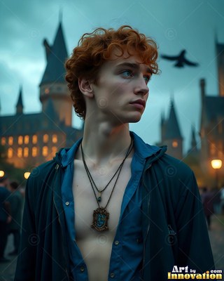Turned in profile, a red-haired young man poses standing outside a castle in twilight