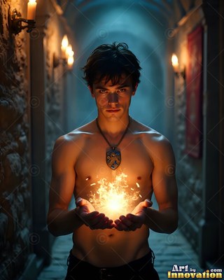 A shirtless young man has in his hands bright yellow fire in his hands inside a stone hallway