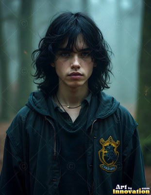 In a misty forest, a young man with dark wavy hair stands in a black jacket