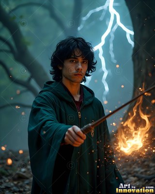 Aiming a wand by fire, a young man in green robes stands in a dark forest during a storm
