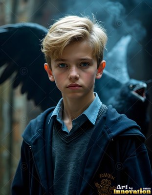 A young blond man in a blue jacket with a raven behind him