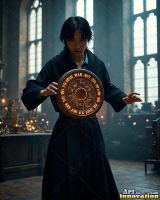 Wearing a dark robe, a young man holds a bronze disc inside a stone classroom