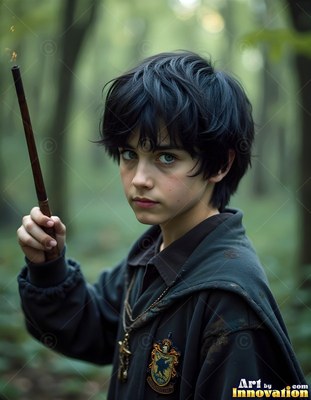 A young man clasps up a brown wooden wand in the soft green light of a forest