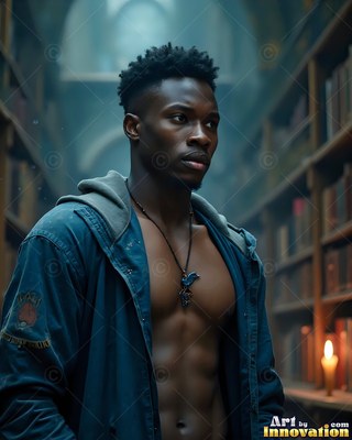Turned slightly in a dim library, an open-shirted man gazes into the shadows