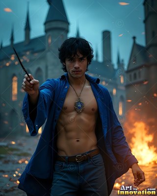 A shirtless young man points a wand outside a stone castle at dusk near a fire
