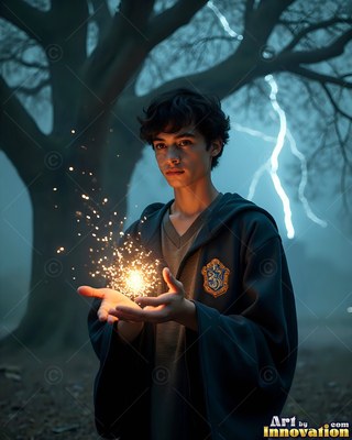 In a dark forest, a young man in robes holds bright sparks above his hands