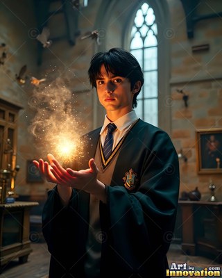 Holding bright sparkles between his hands, a young man wears a dark school robe in a hall