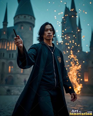 A man in black robes holds a wand before a castle with sparks