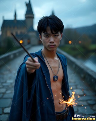 In a pale blue robe, a bare-chested young man points a wand on a bridge near a castle