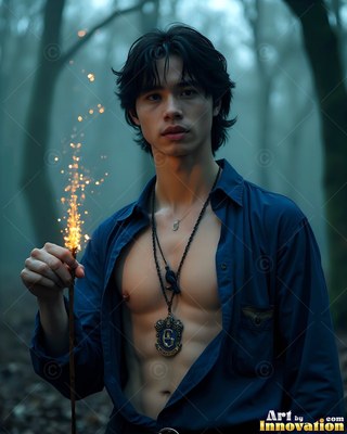 A young man has in his hands a sparking wand in a dark forest, lit by warm yellow light