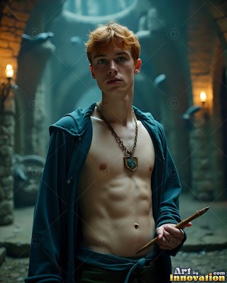 Facing forward in a stone hall, a shirtless young man grips a small wand