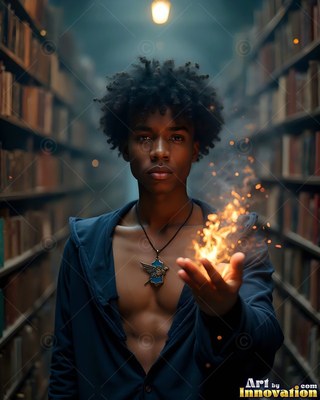 A young man holds bright fire in his open hand in a dark library aisle