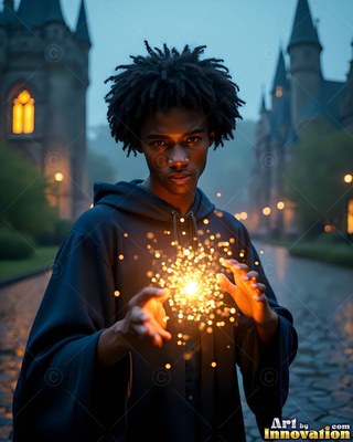 In a castle courtyard, a young Black man in dark robes holds bright yellow sparks between his hands