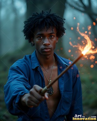 Holding a sparked wand forward, a young Black man stands in a blue collared shirt in misty woods