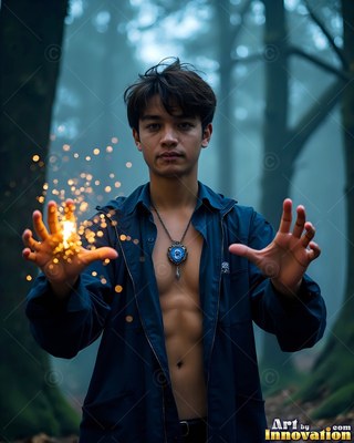 A young man in an open dark jacket casts sparks from his hand in a foggy forest