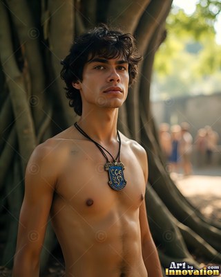 A blue crest pendant rests on a shirtless man standing outdoors near a large tree