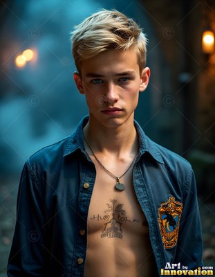 A blond young man stands with a pale blue shirt under soft yellow torchlight