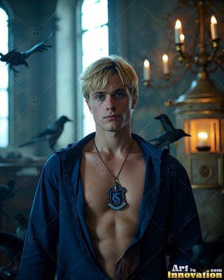 Facing forward in a castle room, a blond man in a clear blue button-up shirt stands near ravens