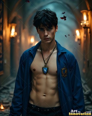 A shirtless young man in a clear blue button-up shirt stands in a dim stone hallway