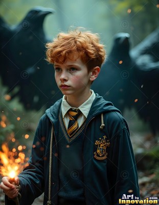 In a misty forest, a red-haired young man clasps fire beside black ravens