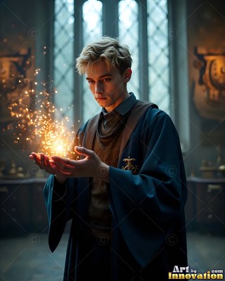 Holding bright sparks in his cupped hands, a blond man wears blue wizard robes indoors