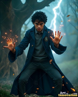 A young man in a blue coat casts lightning in a dark forest