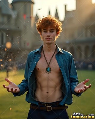 Curly red hair frames a young man in an open teal shirt outside a sunny castle courtyard