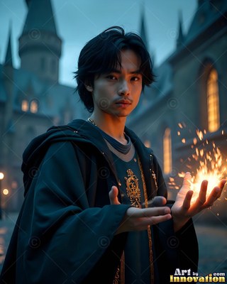 A young man carries bright sparks in his open hands before a dark castle courtyard