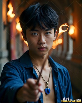 Facing forward in a torchlit hall, a young man clasps a wand toward the front