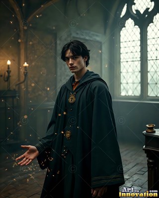 A dark-haired man in a green hooded robe reaches out his hand by a castle window
