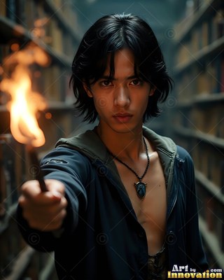 In a dark library aisle, a young man points a flaming wand forward