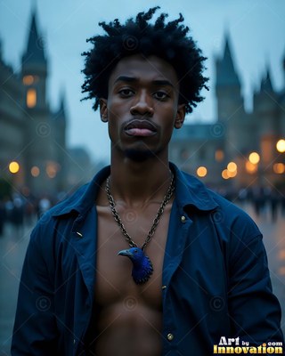 Standing outside at dusk, a young man wears a pale blue jacket and a raven pendant