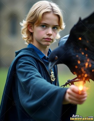 Young blond man in blue robes holds a black raven with sparks