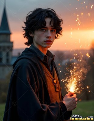 A dark hooded robe wraps a young man holding bright sparks outside a castle tower at sunset