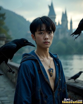 A young man stands near ravens by a lake beneath a cool overcast sky