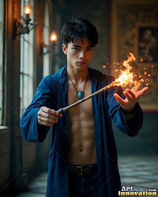 Standing in a hall, an open-robed man holds a burning wand with fire sparks