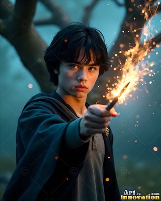 A young man in a dark robe aims a wand that shoots bright sparks