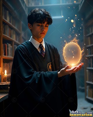 In a dim library, a young man in black robes holds a bright fiery sphere