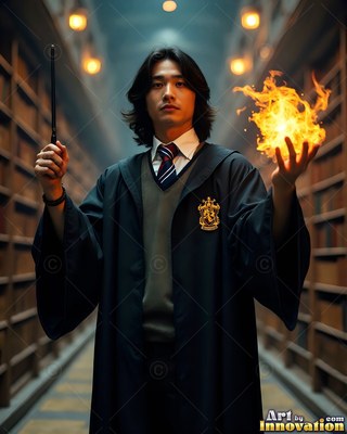Holding fire in his hand, a man in black robes raises a wand in a library aisle